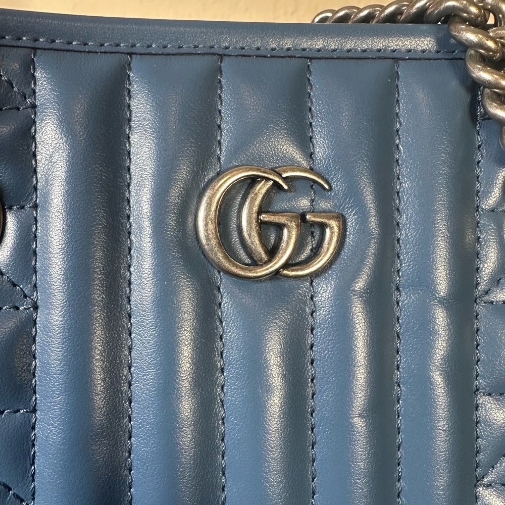 Authentic Gucci Blue Marmont Quilted Leather Chain Shoulder Tote - Picture 10 of 15